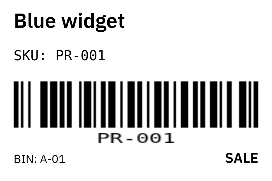 Inventory label with an uppercase SKU, optional bin line and conditional SALE badge