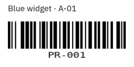 First generated inventory proof label: Blue widget, bin A-01, and a Code 128 barcode for PR-001