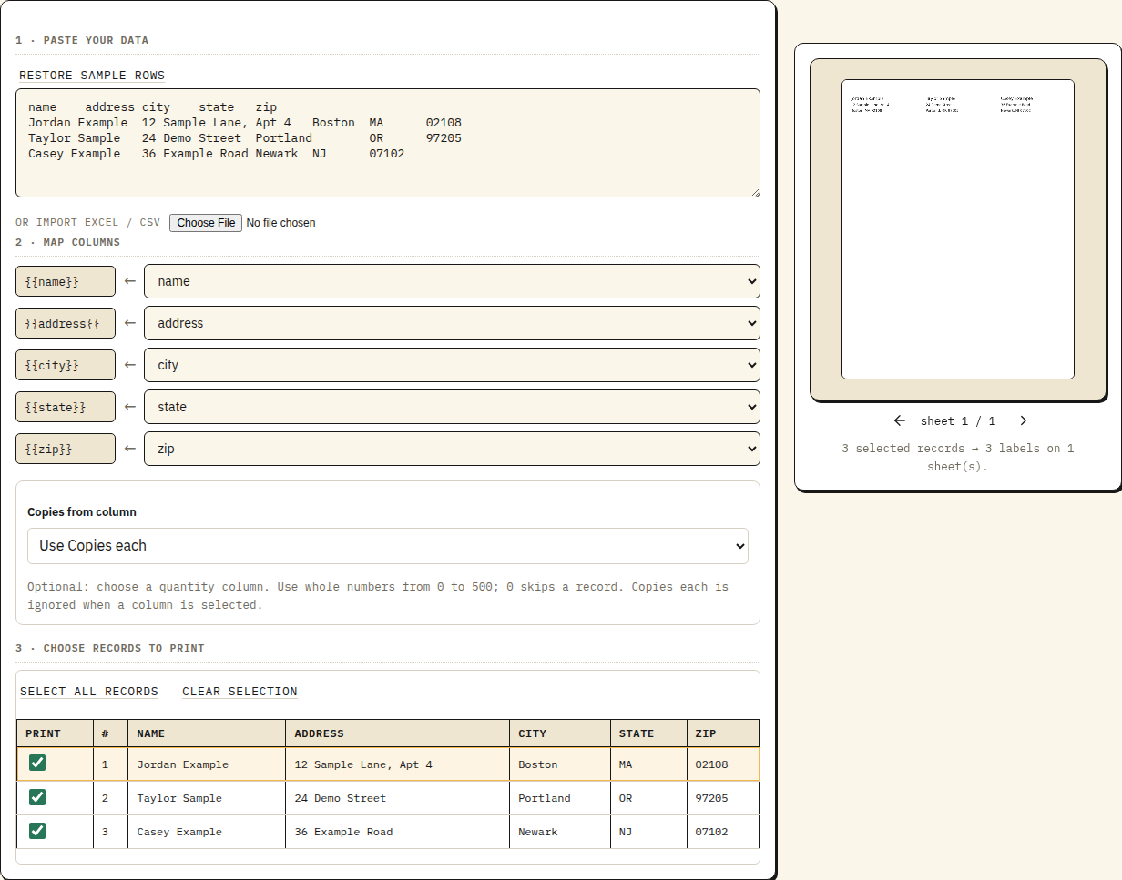 PaperReady address-label workspace showing spreadsheet columns mapped to a label sheet